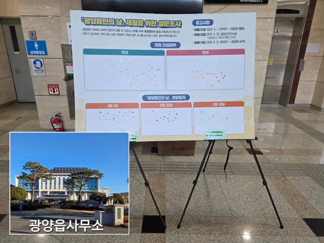 광양읍사무소 1층 로비에서 온라인 참여가 어려운 어르신들을 위해 현장 설문조사를 병행 운영하고 있다. 사진=김려윤